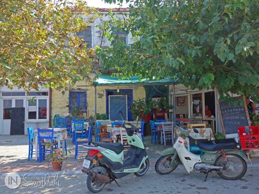Motorcycles in front of a taverna in Kamariotissa
