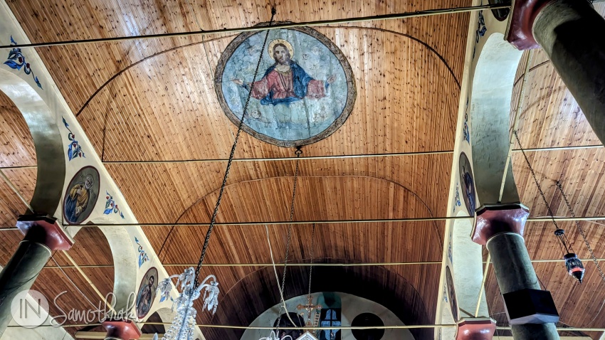 The icon of Christ Pantocrator watches from the ceiling.