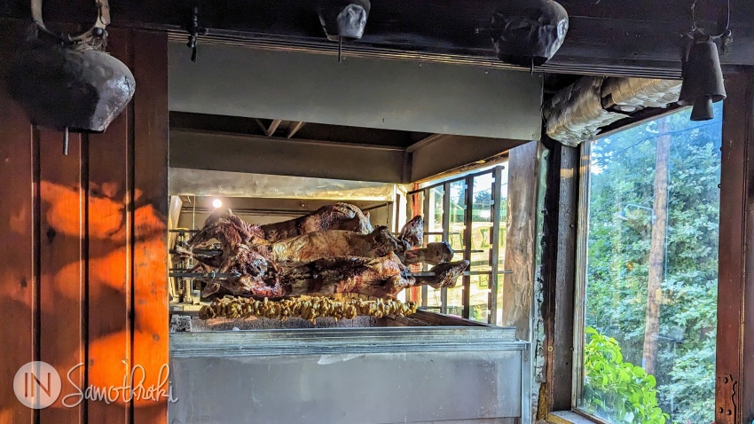 Goat on a spit in the village of Profitis Ilias