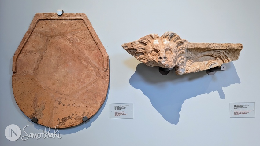 Fragment from the Rotonda of Arsinoe II, 288-270 B.C. (tiles from the roof and a lion-head-shaped drain)