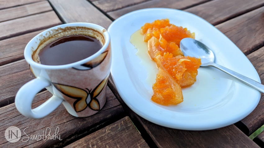 Dessert on the house (orange spoon sweet) at Vasilikos Tavern