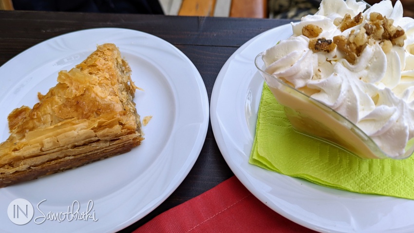 Baklava and vanilla cream at the Rania confectionery in Therma