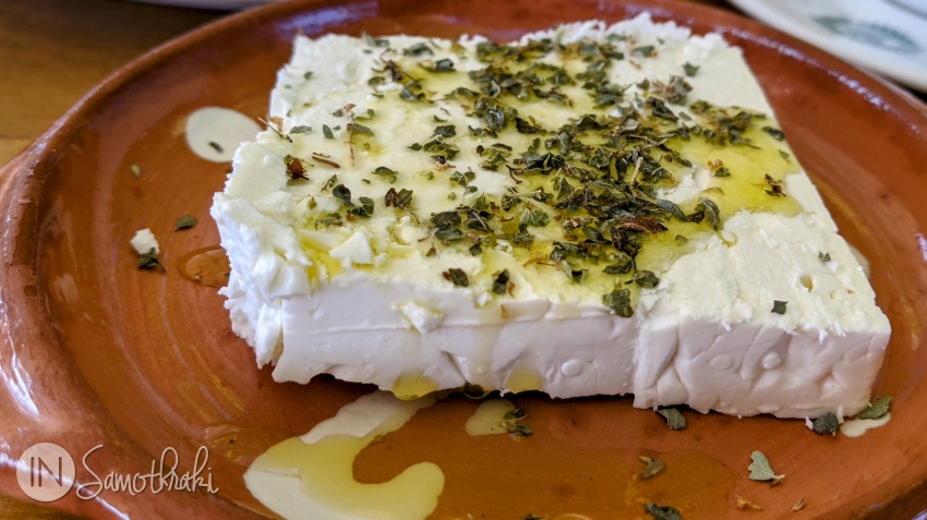 Feta with oregano and olive oil at To Feggari tavern in Therma